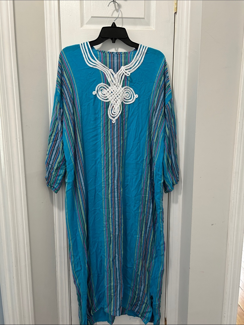 Turquoise Striped Kaftan Dress with White Embroidered Neckline